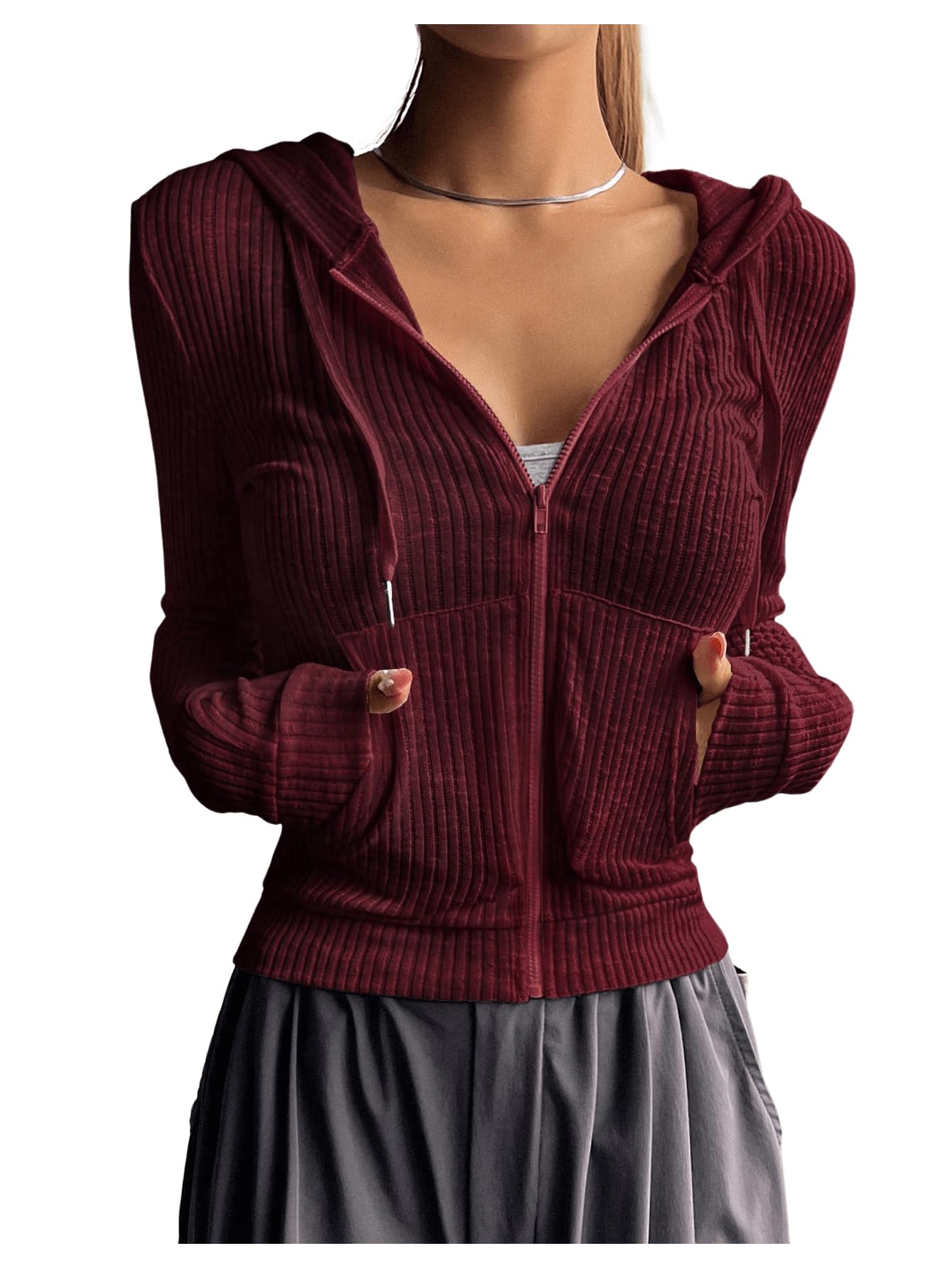 GORGLITTER Womens Lightweight Zip Up Hoodie Drawstring Long Sleeve Cropped Jacket Burgundy Large